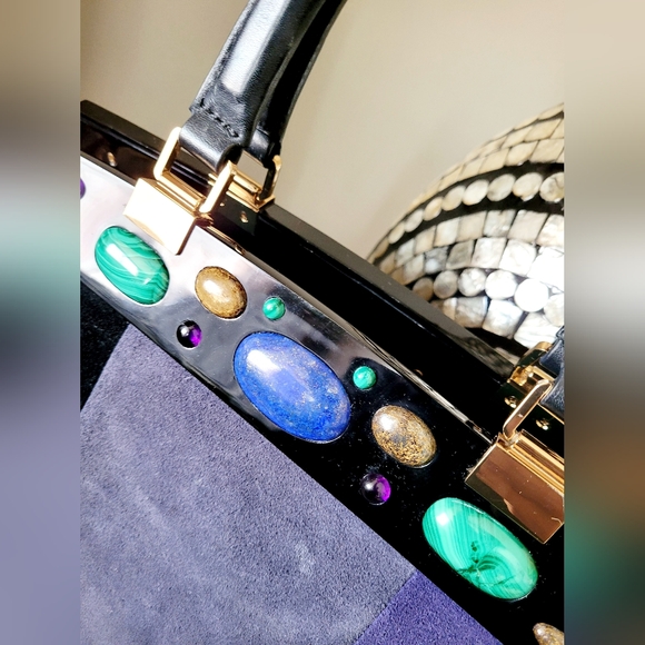 Tory Burch Attersee Women Luxe Suede Frame Satchel Bag Jewel /Black Large - Picture 11 of 16